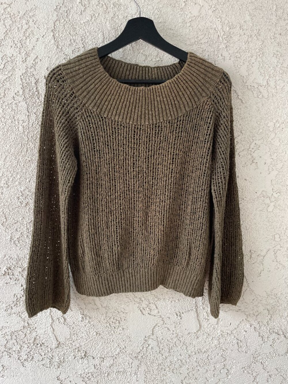 Billabong Olive Green Open Knit Sweater Boho Bell Sleeve Beach Coverup Large